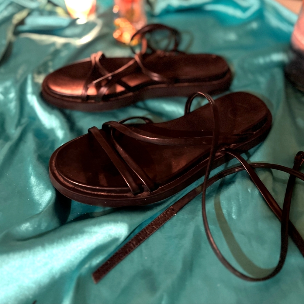 Urban Outfitters Black Laceup Strappy Flat Sandals